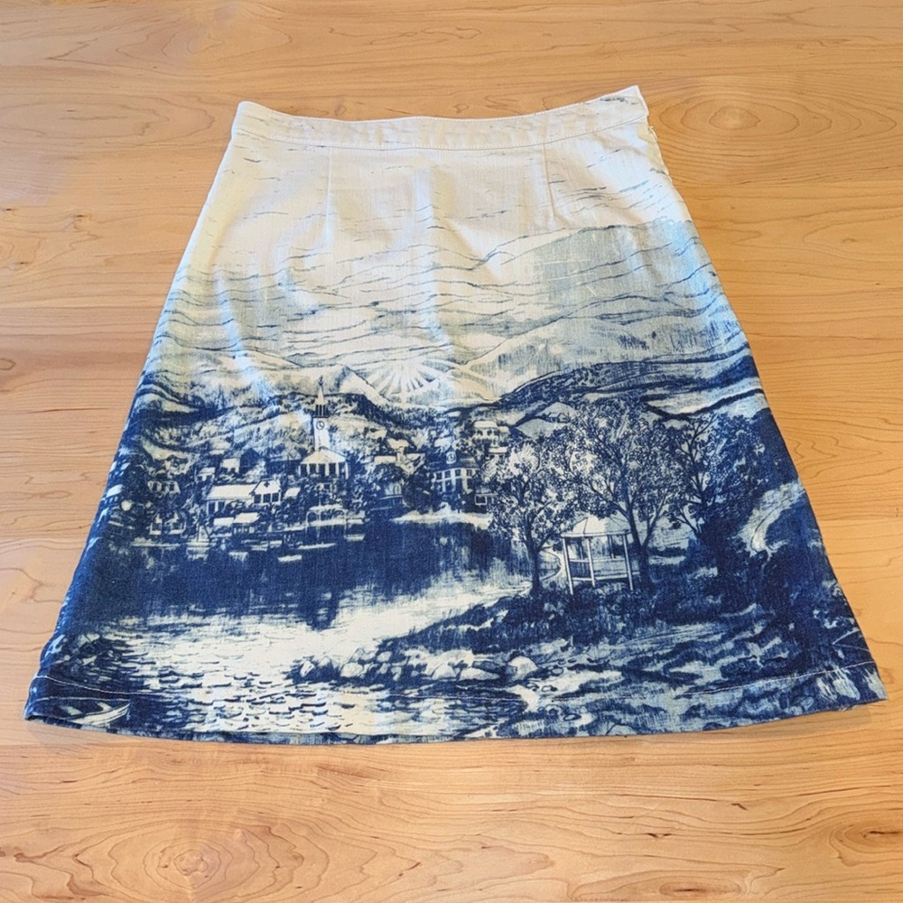 Anthropologie Mountain Town Blue and White Scenic Skirt